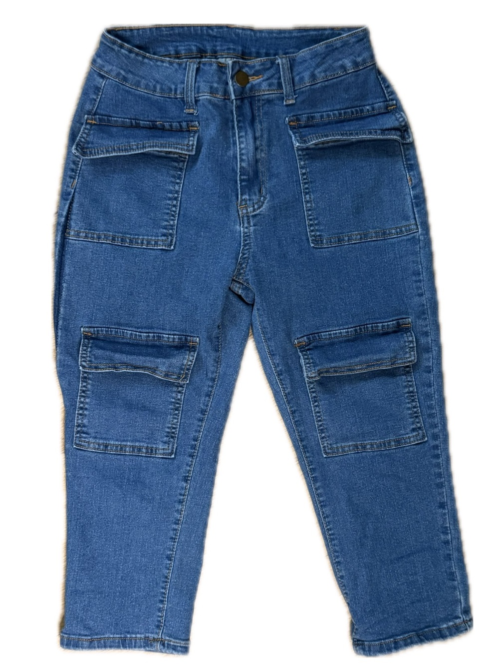 SHEIN High-Waist Stretch Cargo Jeans Size 28 Blue Denim Cropped Ankle Length